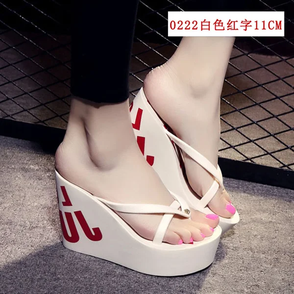 High-Heeled Shoes Lady Slippers Flat Slides On A Wedge Platform Rubber Flip Flops Hawaiian PU Fabric Rome Super High-Heeled Shoe