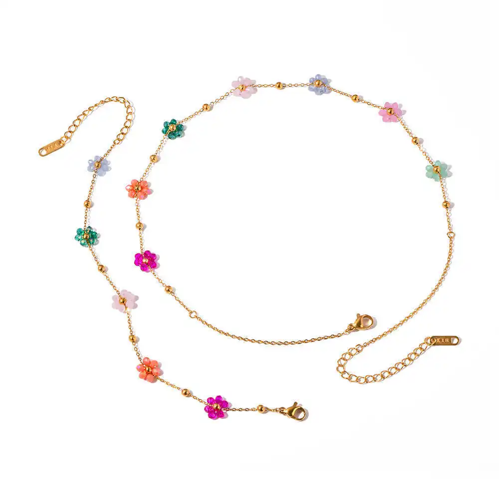 IFYOUOO Colorful Crystal Flower Chain Stainless Steel Necklace Bracelet Set Plating Waterproof Jewelry For Ins Exquisite Jewelry image 5