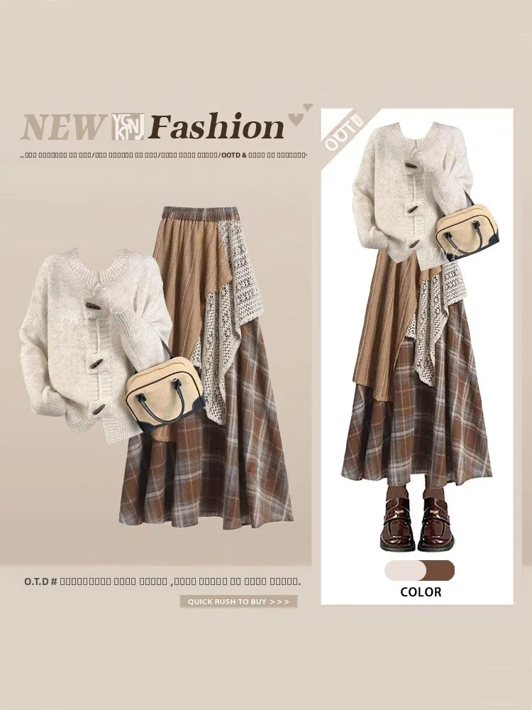 

Винтажный комплект: вязаный свитер и юбка в клетку для женщин, зимний модный комплект, юбка средней длины, молодежный дизайн