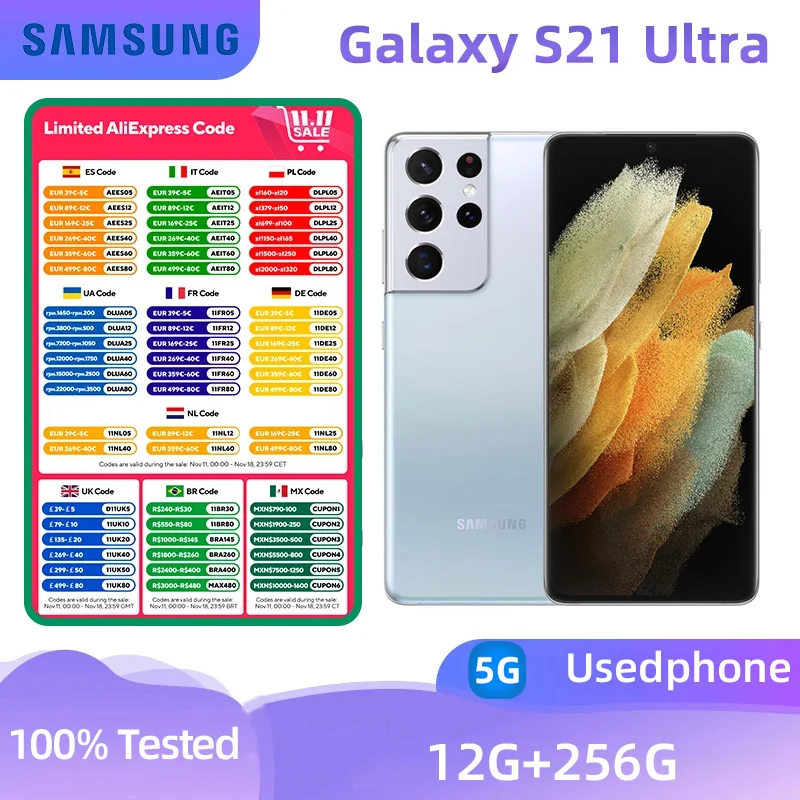 Samsung Galaxy S21 Ultra 5G 128GB/256GB/512GB ROM Snapdragon 888 108MP used Phone