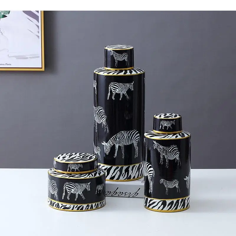 Zebra Painting Ceramic Vases Candy Jars with Lid Decorative Porcelain Storage Jar Desk Decoration Flowers Vase Nordic Home Decor