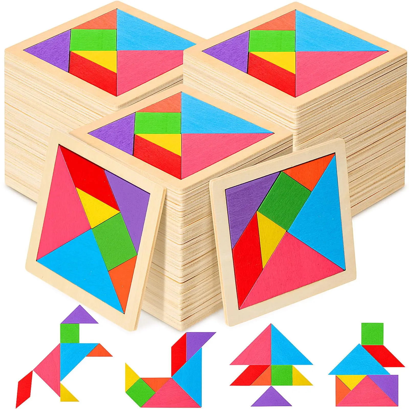 

5-100pcs Wooden Tangrams Puzzles Bulk for Student Shapes Puzzle Brain Logic Block for Tangram Game Geometric Pattern Block
