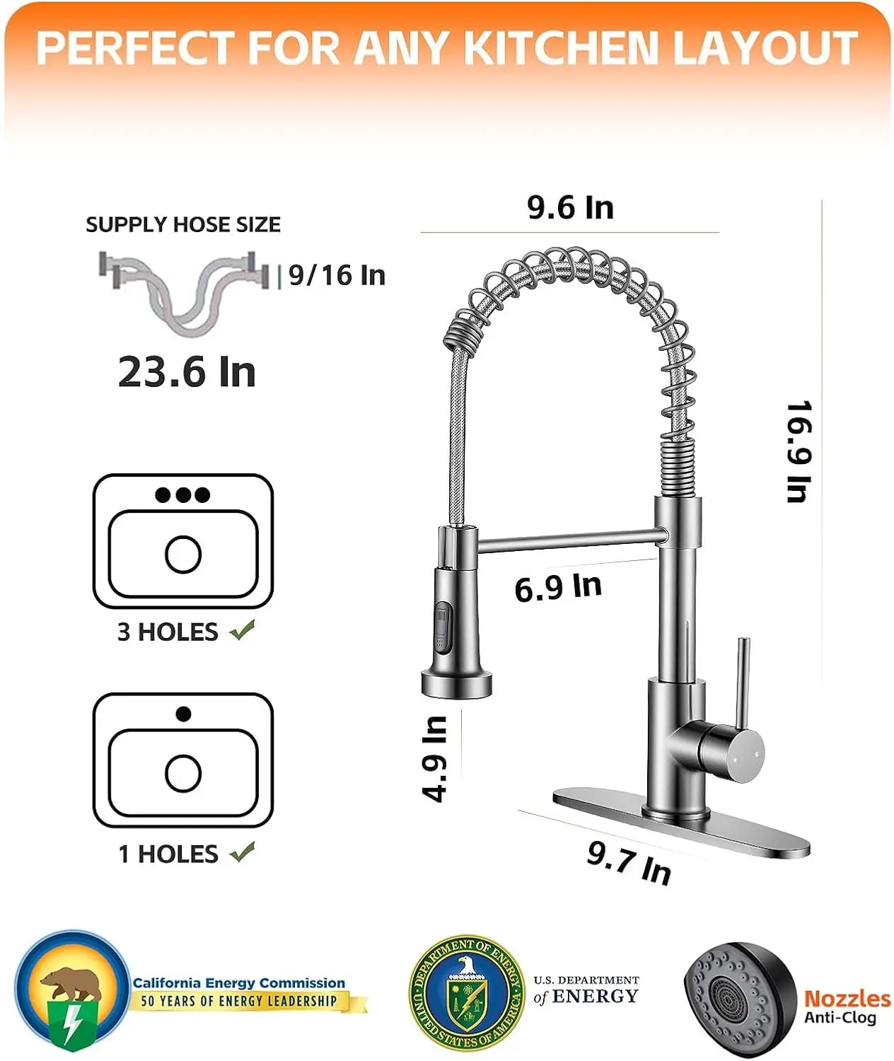 360 °   回転式キッチンシンク蛇口、スプレー付き、1/3穴、つや消しニッケル、引き出し式、キッチン、ランドリー、キャンピングカーに耐久性あり