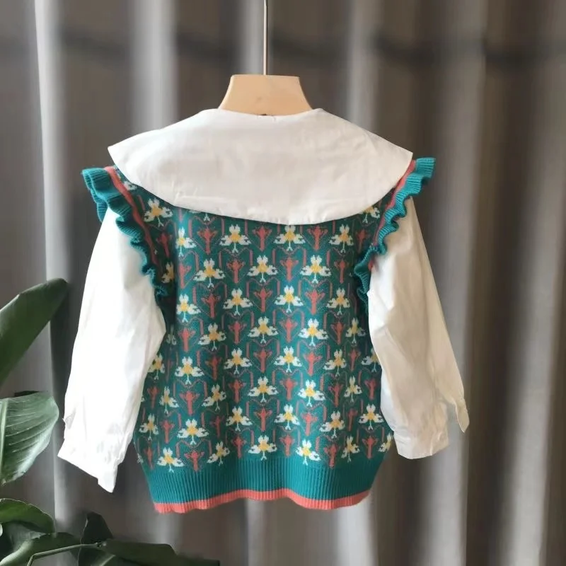 Children's Clothing Girls' Spring and Autumn Set 2024 New Children's Knitted Vest Shirt Two Piece Set Medium and Small  Baby Top