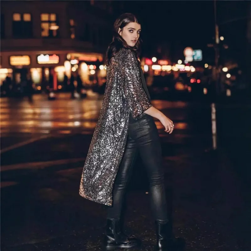 

Fashionable casual sequin top party cardigan coat women, long style