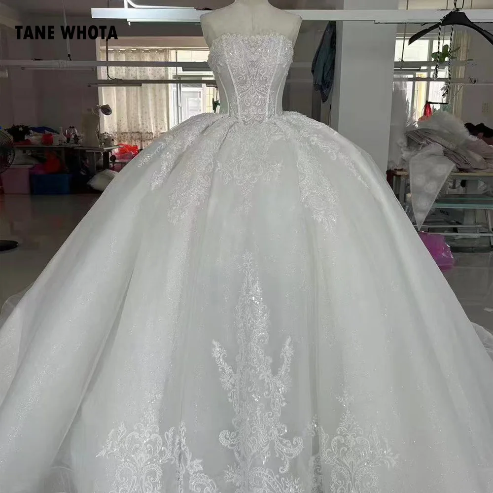 Long Wedding Dress Strapless Sequins Beading Lace Up Back Embroidery Customized White Wedding Dresses