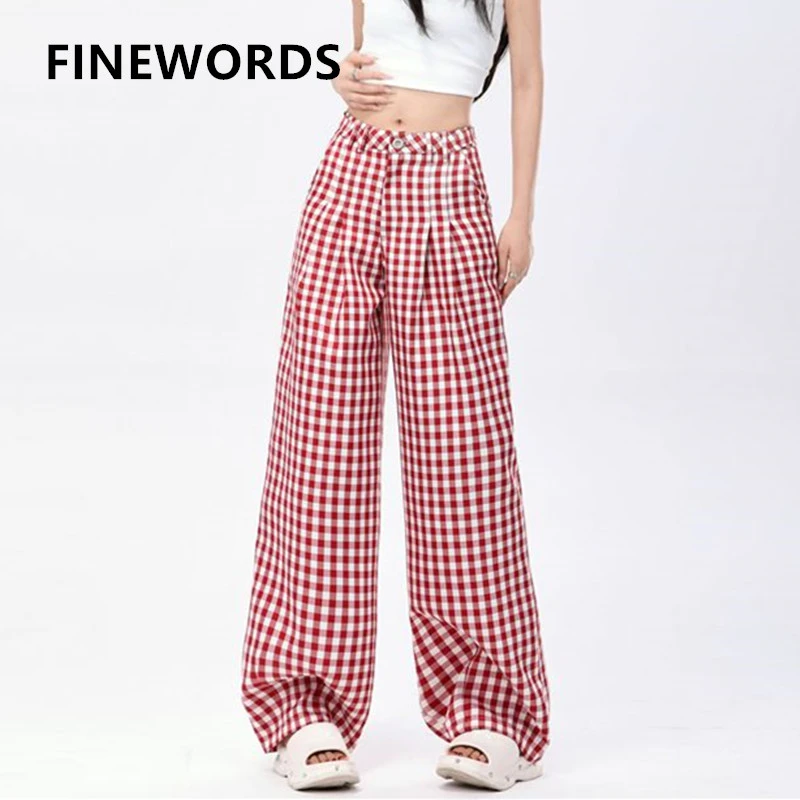 

FINEWORDS Vintage Red Plaid Pants Women Korean Streetwear Easymatch Wide Leg Pants High Waist Full Length Baggy Pants
