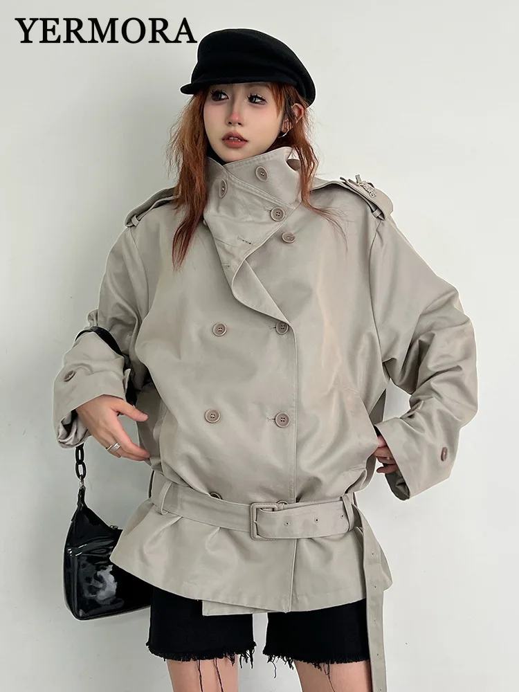 

YERMORA Beige Irregular Button Belt Short Trench Coat Women Lapel Long Sleeve Loose New Windbreaker Fashion Tide Autumn Winter