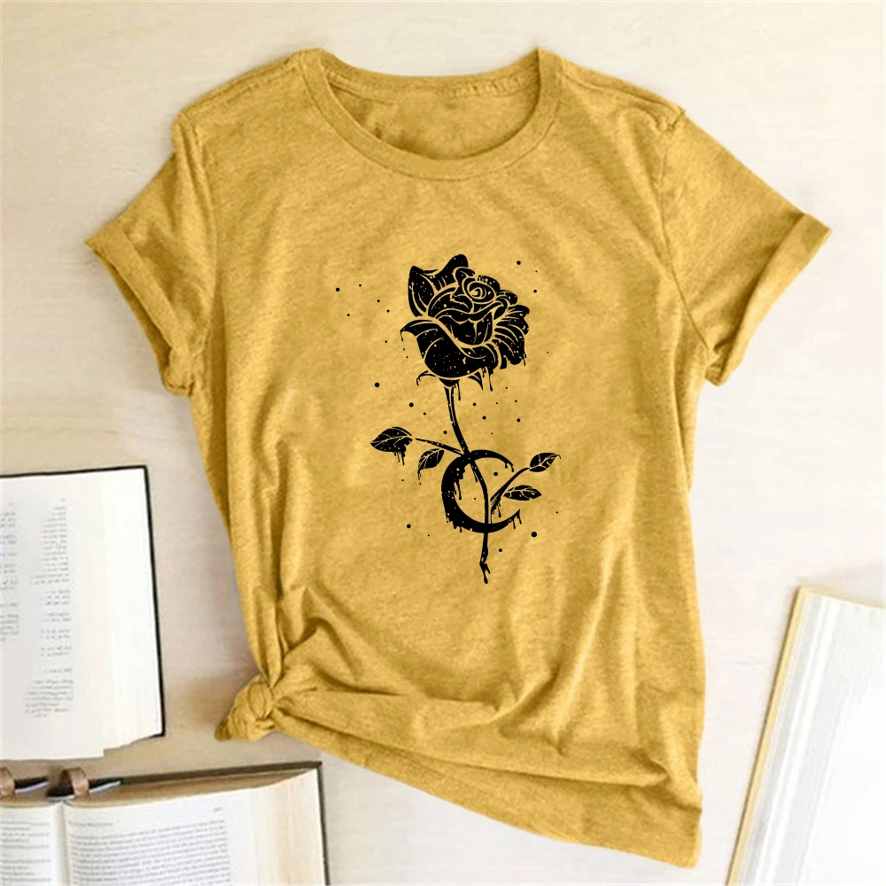 Seeyoushy Flowers Love Print Women T-shirt Harajuku Short Sleeve Summe Loose Graphic TShirts Casual New Female Top Woman Clothes