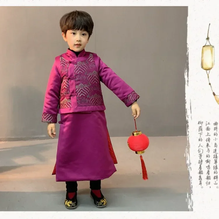 

2Colors Chinese New Year Boy Tang Suit Set Ancient Traditional Children's Robe Costume Young Performance Costume Thick Hanfu