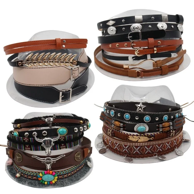 Cinturón de estilo étnico retro, diadema, banda para sombrero, sombrero de paja decorativo DIY, sombrero de copa, sombrero de vaquero, accesorios de sombrero de cuero tejido y bordado