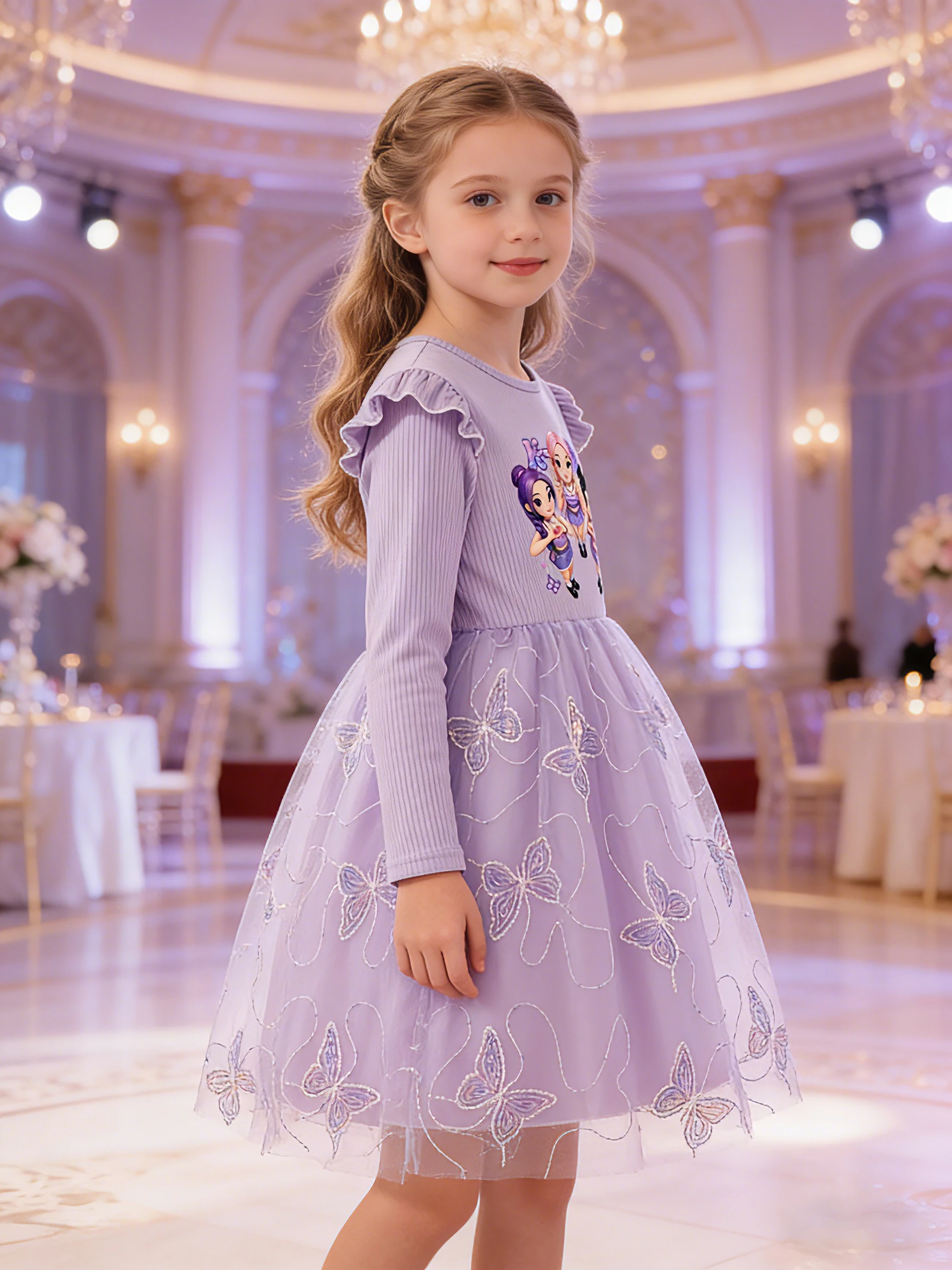 Mädchenkleid im Ins-Stil, geripptes Oberteil mit Flatterärmeln + bestickter Tüllrock mit Schmetterlingsmotiv – Detail 3