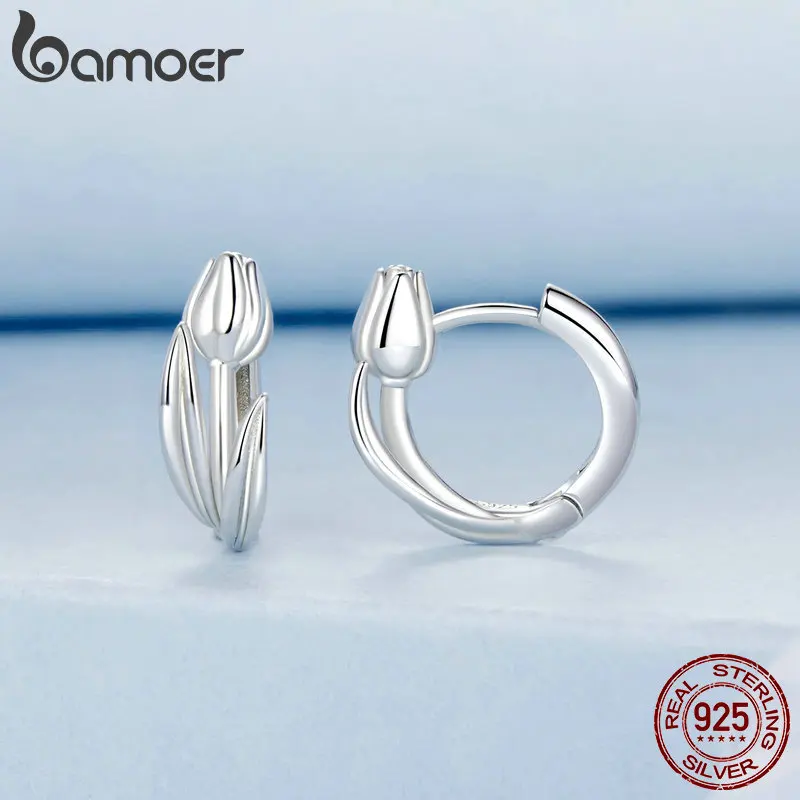 BAMOER Solid 925 Sterling Silver Tulip Flower Hoop Earrings for Women Cluster Flower Hoop Earrings BSE1085