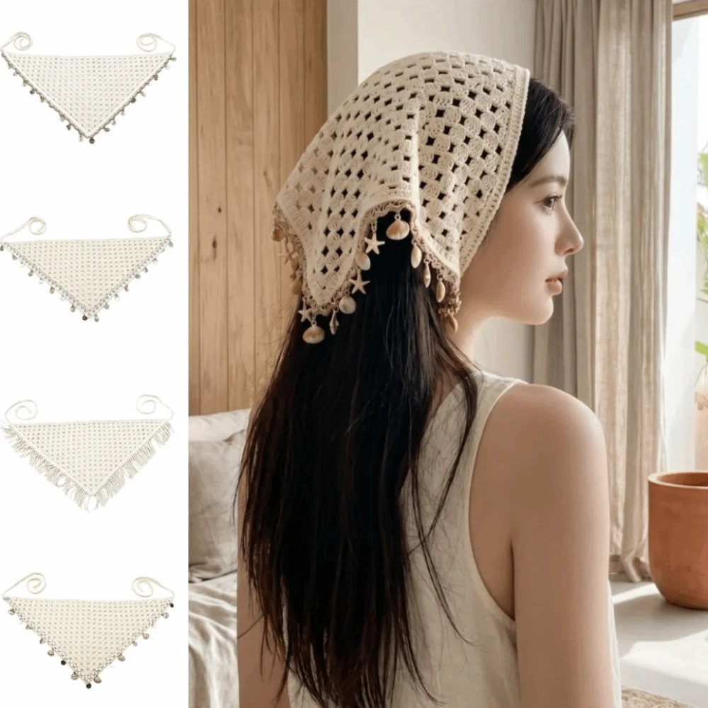 Clothes Accessory Bohemian Triangle Headscarf Hollow Out Tassel Hair Wrap Sequin Knitted Turban Hat Beach
