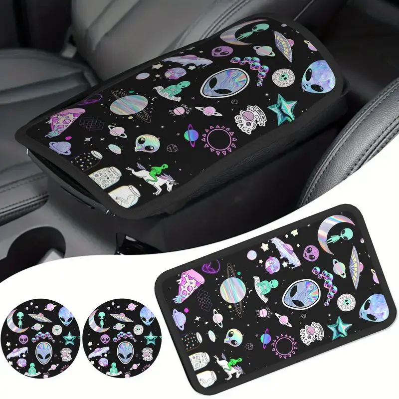 1Pc Car Armrest Cover + 2Pcs Cup Coasters, Holographic Space Alien Pattern Car Interior Decor Accessories