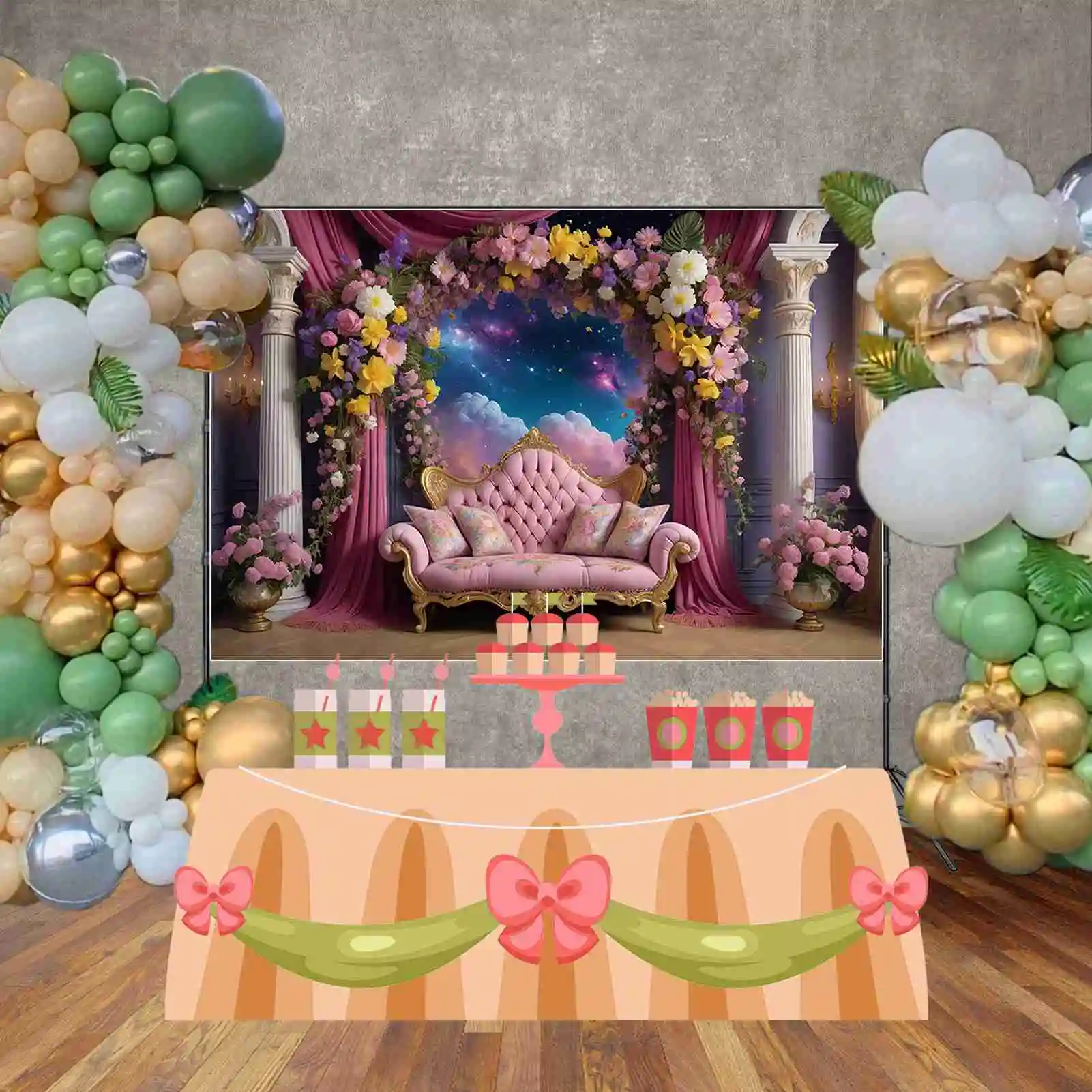 Moon.qg-女性のための花の花輪、プリンセス誕生日の背景、ビュープラットフォーム、ソファの背景、パーティーのためのカスタム写真アクセサリー