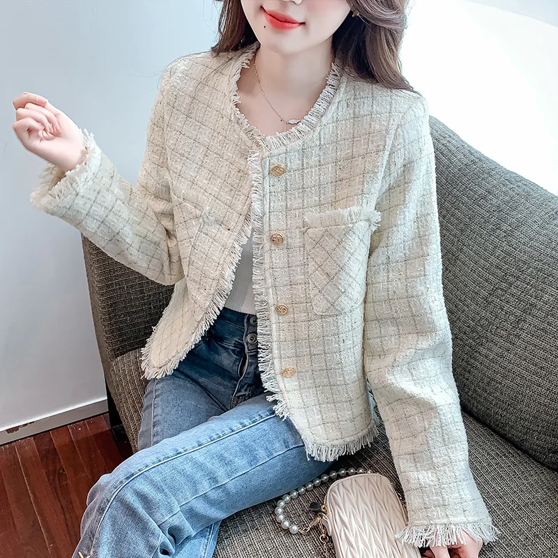 Unique Short Tassel Edge Tweed Floral Jacket Autumn Trend Beige Pink Coats Women