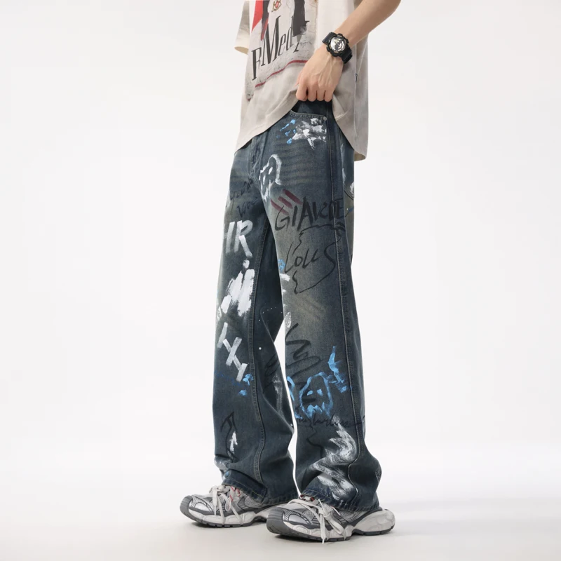 XL8875 European summer tide jeans loose graffiti straight trousers high street retro washed nostalgia trousers