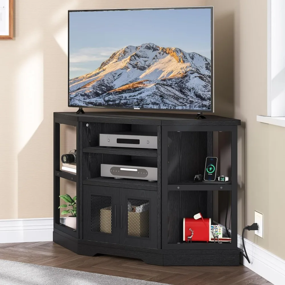 

Corner TV Stand for TVs up to 55/50 Inch with Power Outlet, Modern Farmhouse Entertainment Center, Wood TV Media Console with S
