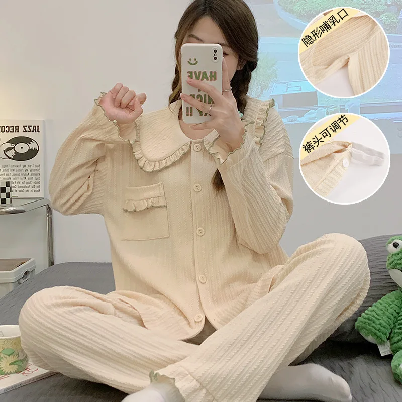 L - 3XL Plus Size New Pregnant Women Nursing Pajamas Set Cotton Confinement Clothes Pijamas Autumn Breastfeeding Home Suit