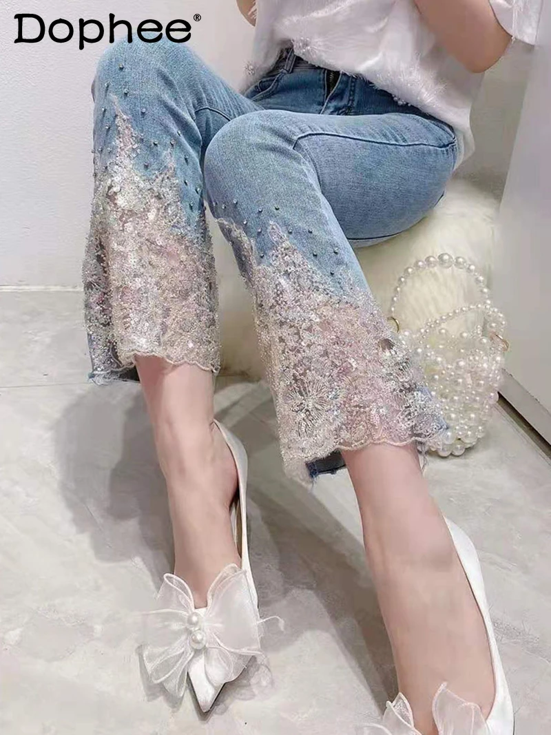 court-style-heavy-industry-beads-jeans-women-spring-summer-2024-new-cotton-sweet-flared-pants-stretch-slim-high-waist-jeans