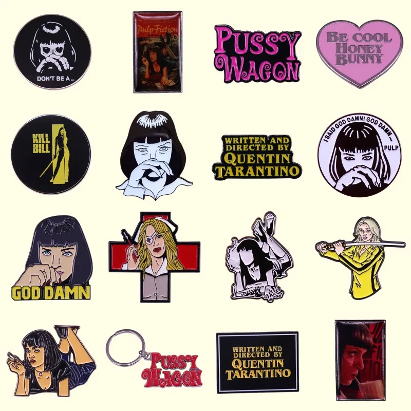 Perfect Quality Famous American Director Quentin Tarantino Movie Enamel Pins 90s Movie Fans Lapel Badges Jewelry Gifts Wholesale