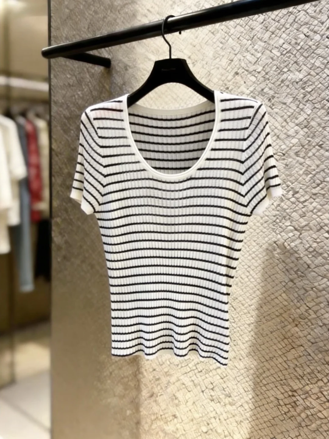 

Retro Japanese Style Color Block Striped U-Neck Ice Silk Knitted Short Sleeve T-Shirt Women's Summer Thin High-End Feeling Top