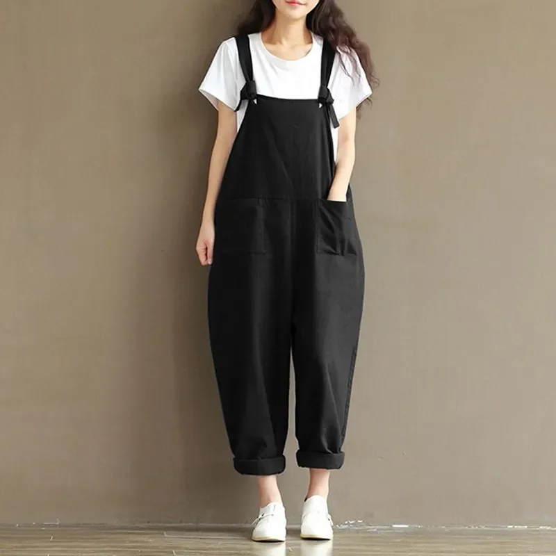 Fashion Women Casual Loose Solid Jumpsuit Spring Strap Dungaree Harem Trousers with Pockets Overalls Plus Size 5XL