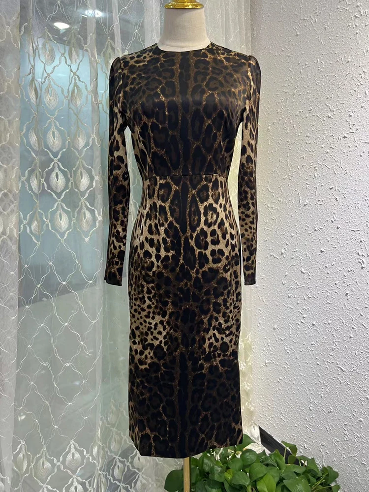 Abito da donna con stampa leopardata, 100% seta, o-collo, manica lunga, Midi High Street, elegante signora Sliming, autunno