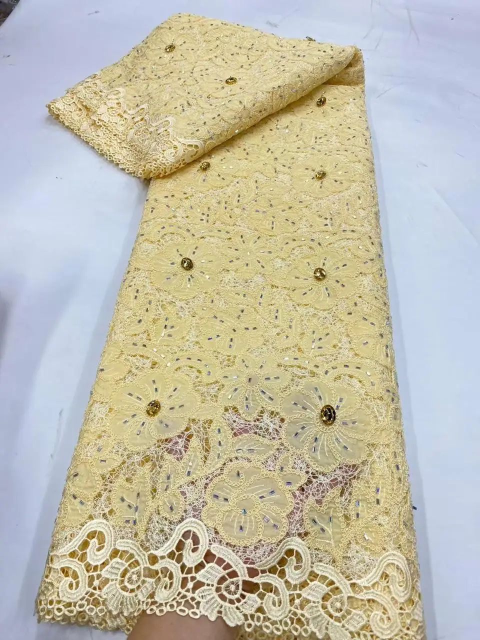 

2026 Nigerian High-Quality Wedding Dress Fabric 5Yard Tulle Lace Embroidery Sequins Guipure Chiffon for Party Sewing