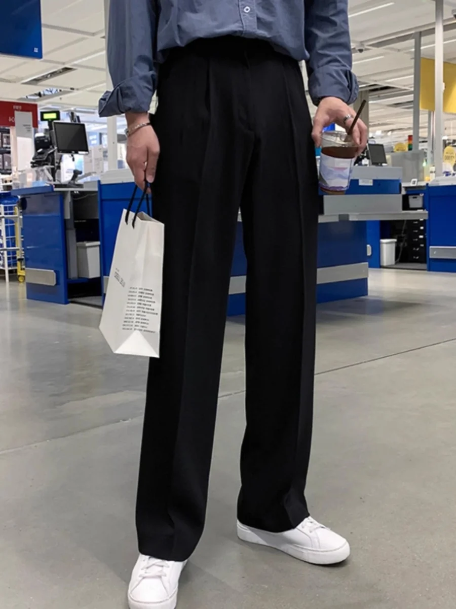 

Men's Bla Casual Straight Leg Pants Spring Summer Drapey Suit Trousers Long Length Youth Faion Cool Sle Pure Color