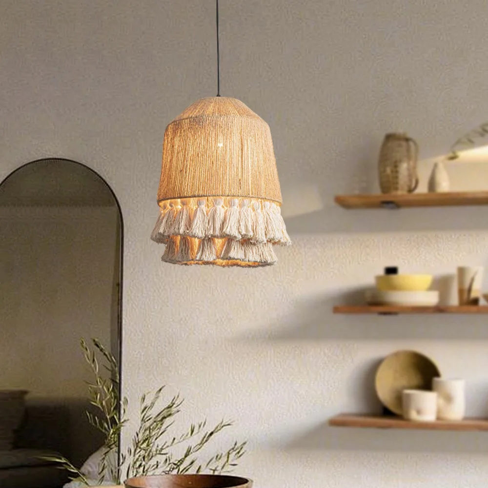 

Boho Woven Pendant Light Coastal Hanging Lamp with Natural Paper Rope Shades Fringe Detail and Iron Base Pendant 30CM Chandelier