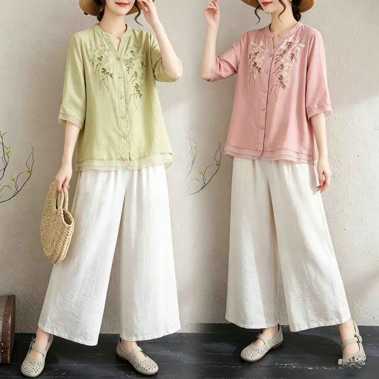 

Summer High-End plus Size Women's Cotton Linen Set Vintage Print Shirt Wide Leg Pants Two-Piece Set Artistic Commute Style