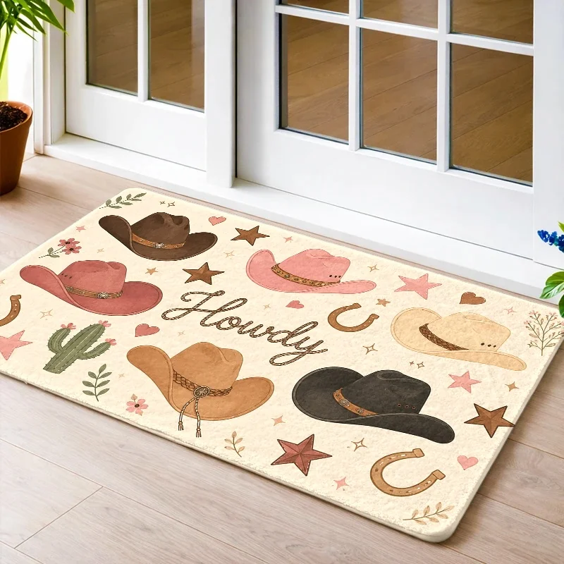 Cute Western Rodeo Theme Doormat with Cowboy Hats and Desert Elements for Entryway Decor