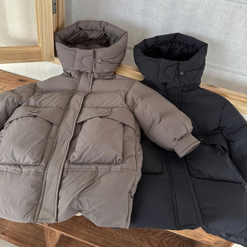 

2025 Winter Children's Medium to Long Length Cold proof Big Pocket Solid Color Thick Cotton Jacket
