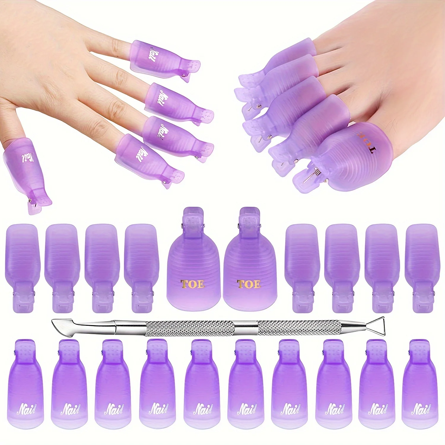 

Gel Nail Polish Remover Clips Kit,With Double Ended Metal Cuticle Pusher,20 pcs Plastic Resuable Finger and Toe nail clips