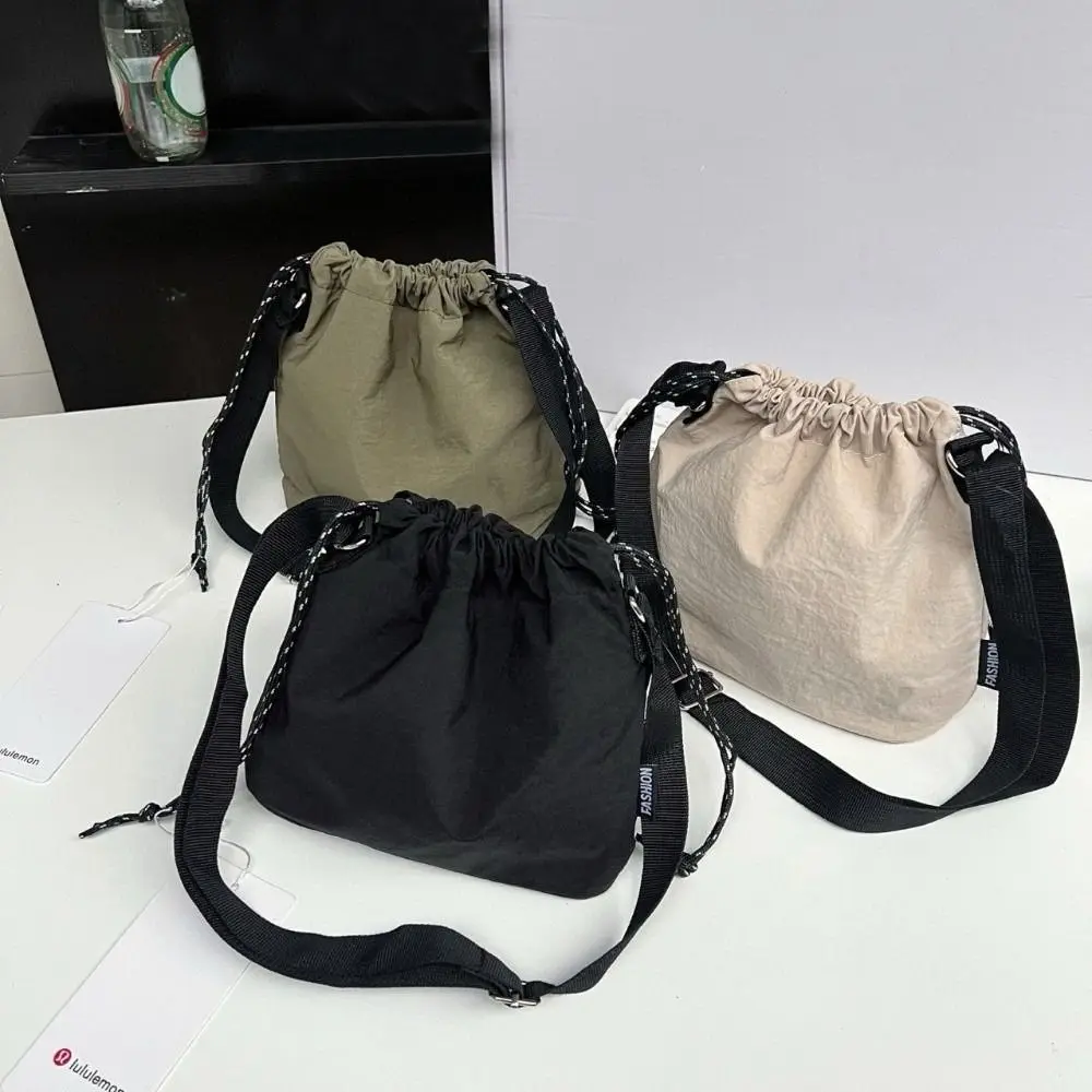Korean Style Versatile Crossbody Bag Drawstring Nylon Shoulder Bag Adjustable Strap Bucket Bag Unisex