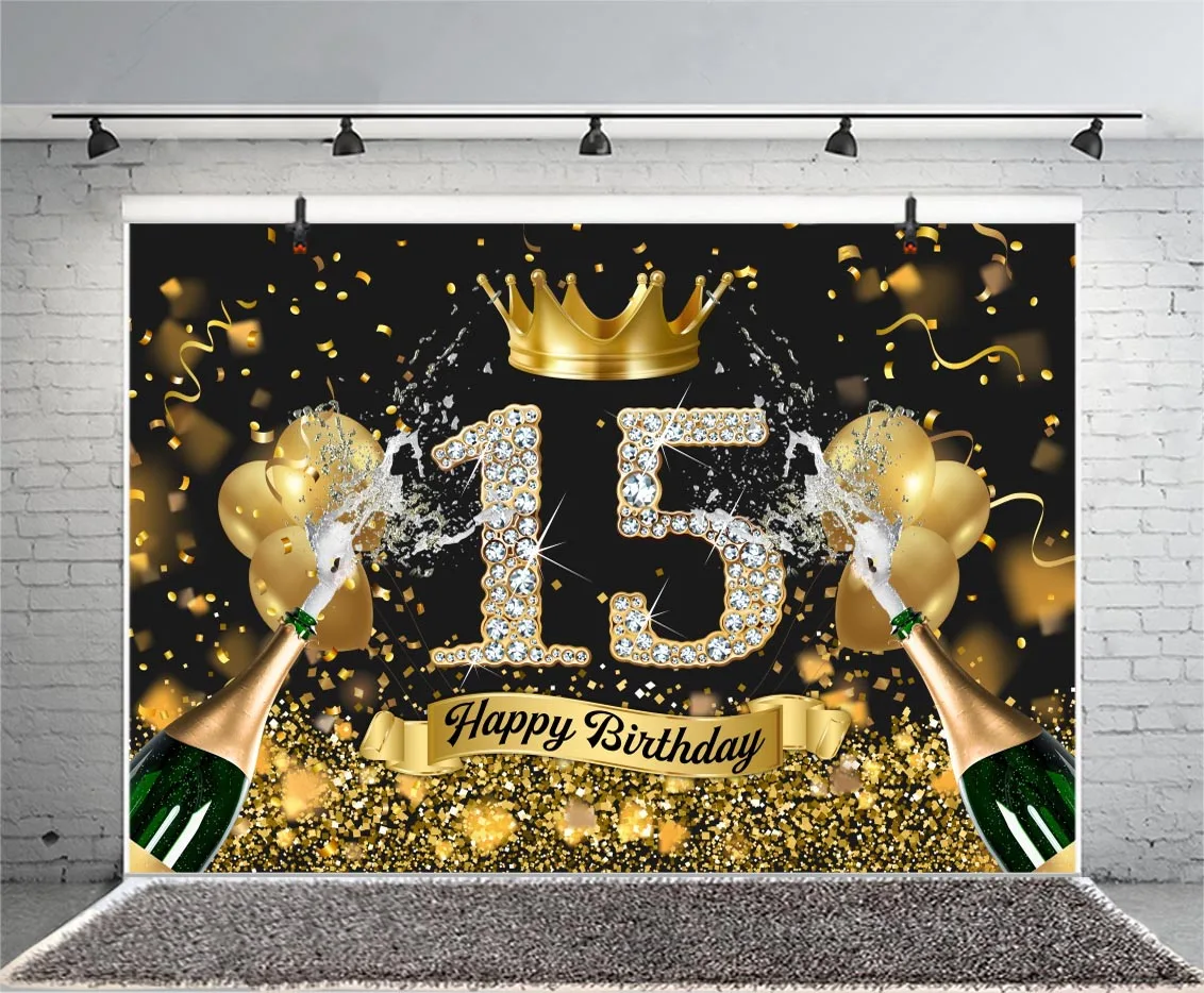 أسود Glod 15th خلفية Gloden تاج بنين بنات 15 سنة حفلة عيد ميلاد مخصص صورة زخرفة خلفية راية