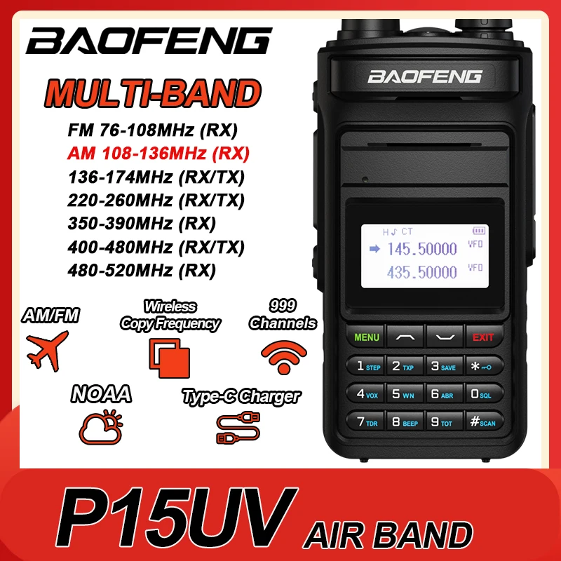 Baofeng P15UV Air Band Walkie Talkie Multi-Band AM FM Type-C Charger Wireless Copy Frequency 999CH Long Range Two Way Ham Radios