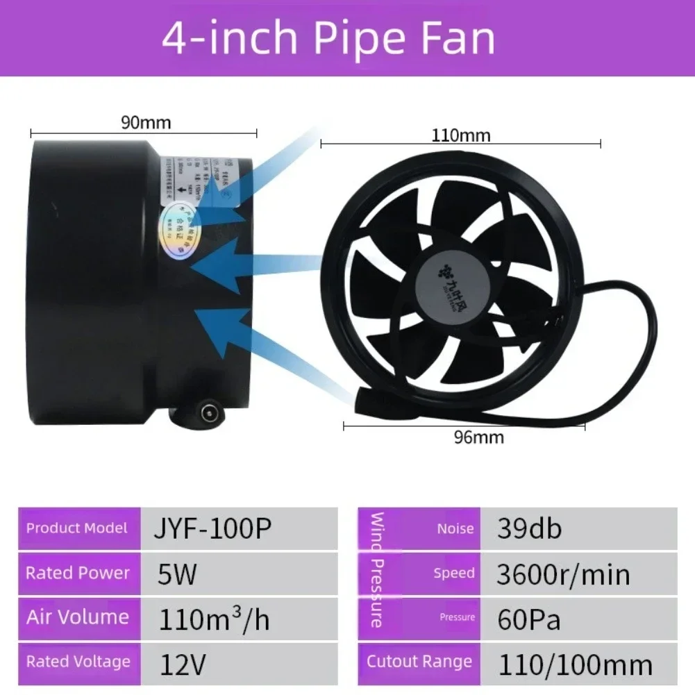 Powerful Duct Extractor Fan 12V Ventilation Exhaust Fan 100mm-110mm For Home  Outdoor Powered By 12V Solar Panel/power Adapter