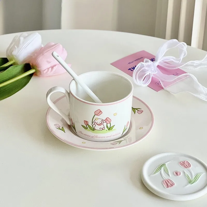 Rabbit Tulip Cup and Saucer Ins Ceramic Coffee suit French Afternoon Tea Advanced Sense Cup and Saucer suit