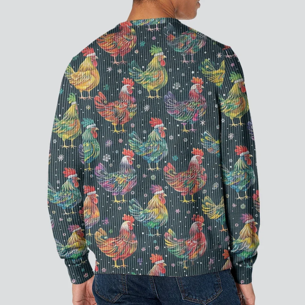 Festive Rooster Print Pullover Winter Long Sleeve Round Neck Sweatshirt Men's Casual Hoodie Hip Hop Streetwear Punk Holiday Tops