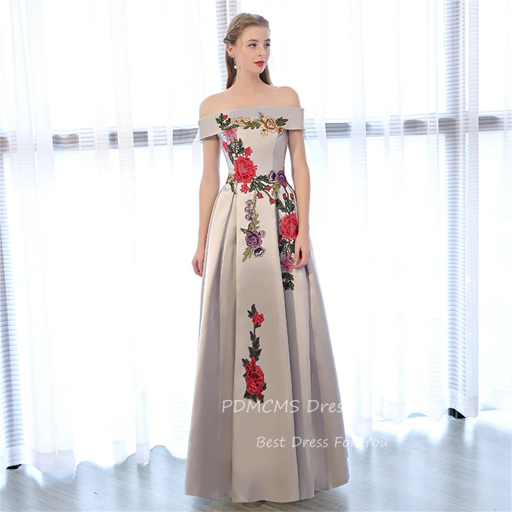 

Classic Evening Dress Abendkleider Boat Neck Prom Dresses Satin Flower Appliques Evening Dresses A-line Robe De Soiree