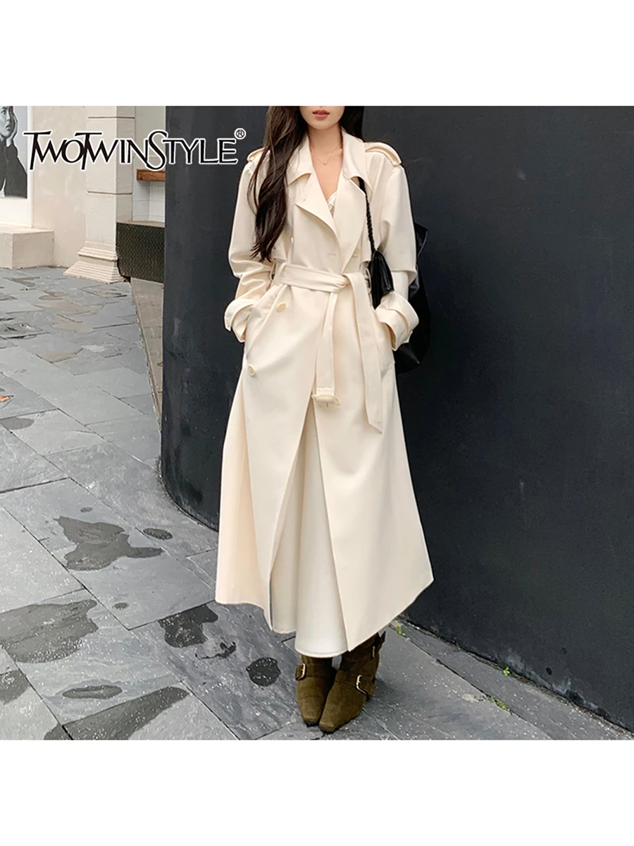 

TWOTWINSTYLE Solid Spliced Lace Up Temperament Trenchs for Women Lapel Long Sleeves Patchwork Doubles Breasted Trench Female New