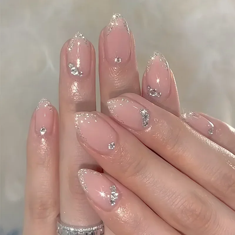 24Pcs Short Almond Handmade Press On Nails Full Cover Diamond Naked Color Design Glitter False Nails Wearable Manicure Nail Tips