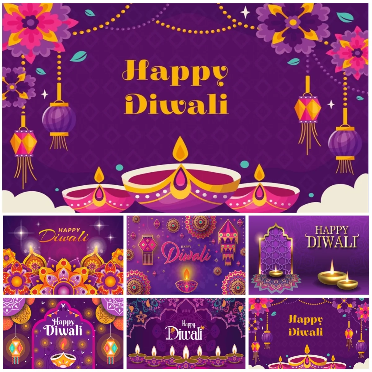 

Happy Diwali Photography Backdrops Colorful Diya Lantern Floral Hindu Festival Of Lights Celebration Party Portrait Backgrounds