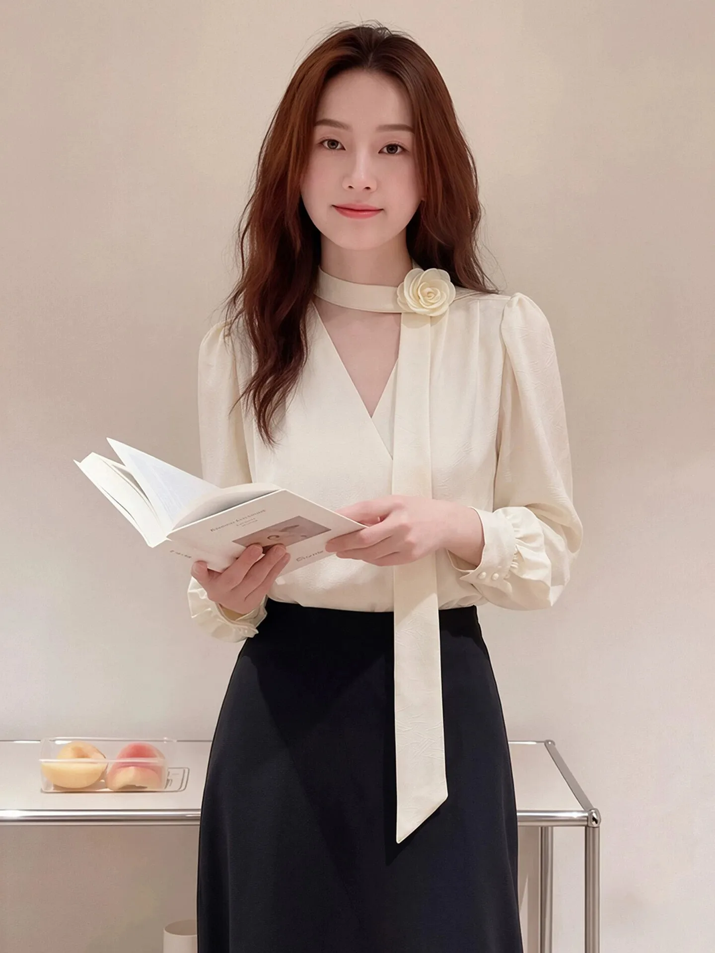 Loose V-neck Women's Chiffon Shirt Spring Autumn Seasonal Floral Print French Style Breathable Long Sleeve Casual Top