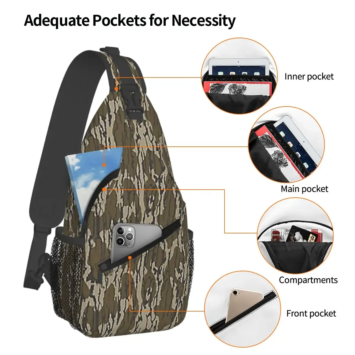 Everything Bottom Lands Camo Chest Bag Men Sling Crossbody Backpack Chest Bag Traveling Hiking Daypack Shoulder Bag