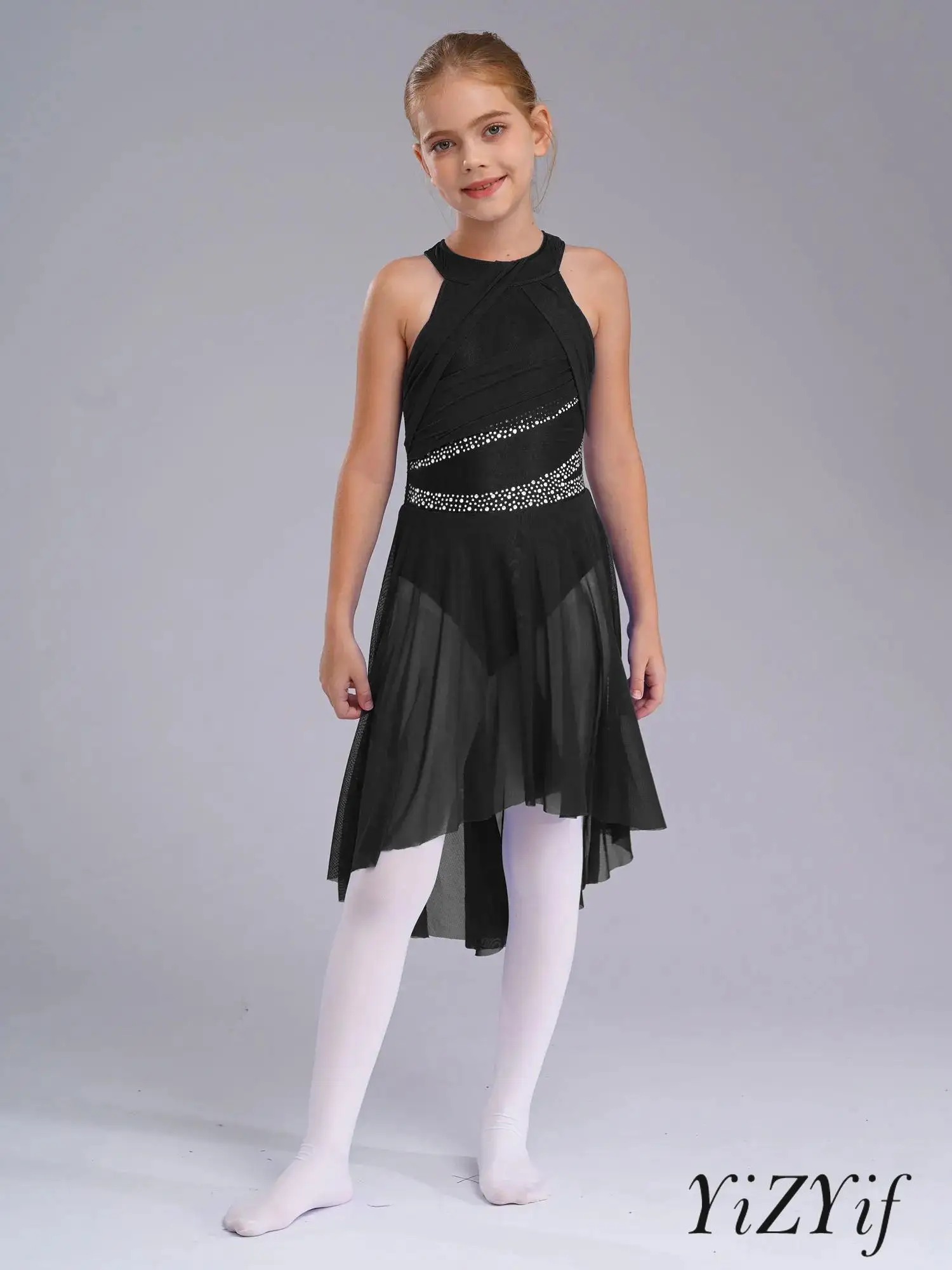 

Girls Lyrical Latin Ballet Modern Dance Leotard Sleeveless Sparkling Rhinestone Ruched Dress for Ball Gown Homecoming Party