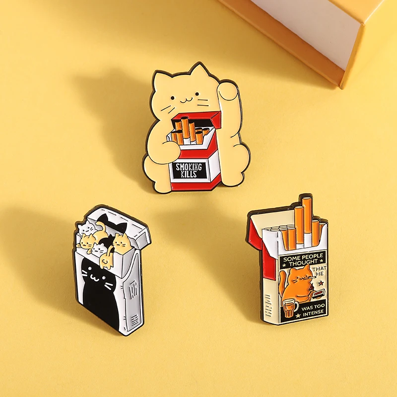 Funny Cigarette Box Kitten Enamel Pins Smoking Kills Slogan Brooch Backpack Clothes Decorative Lapel Badge Jewelry For Friends
